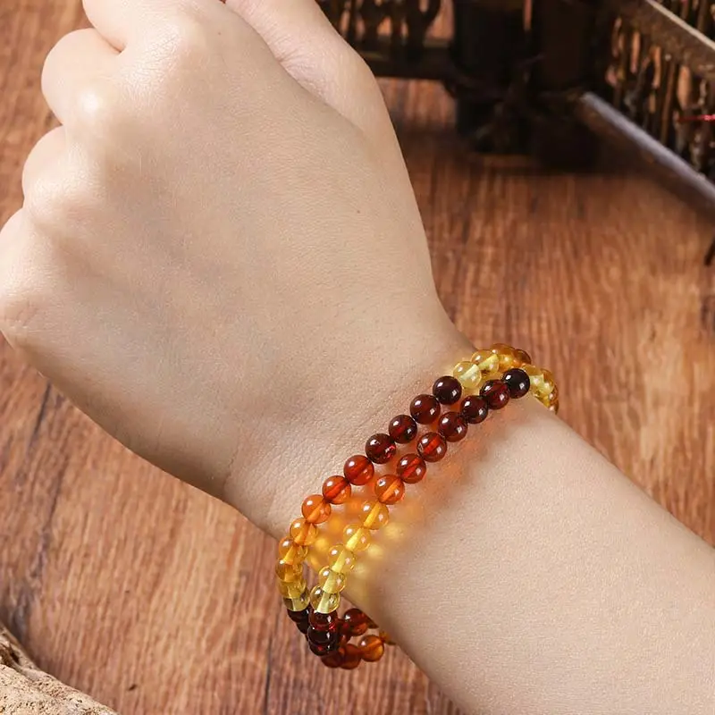 Natural Baltic Amber Beads Bracelet Two Strand Gold Blood Red - Image 3