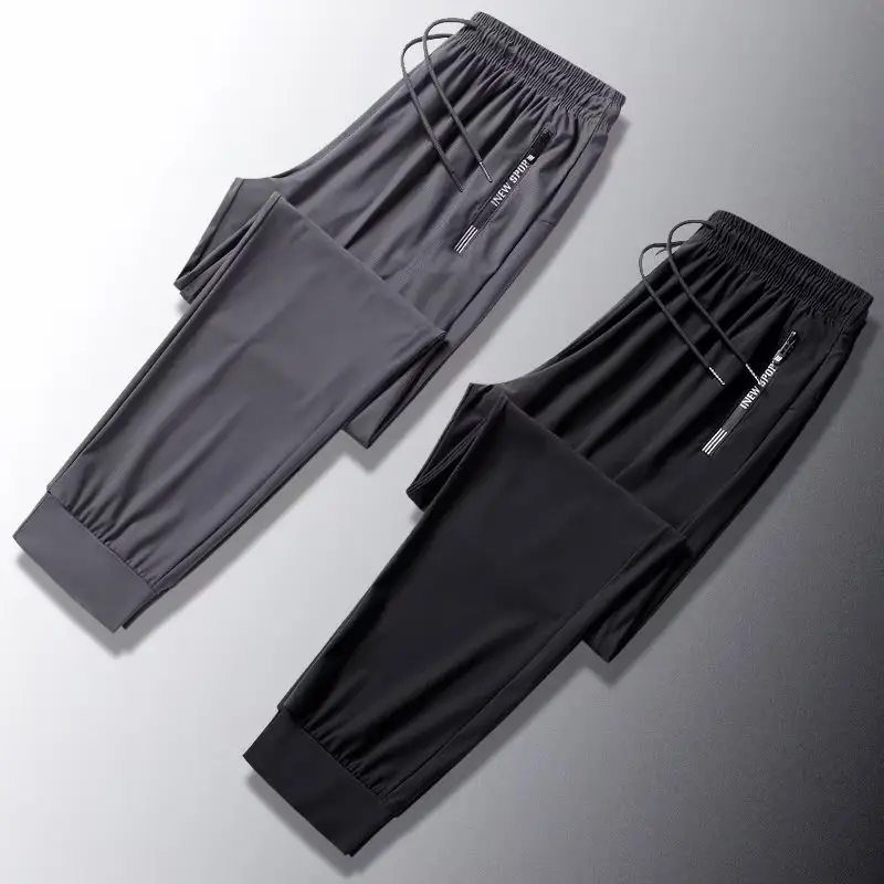 Men's Black & Gray Ice Silk Jogger Pants Korean Style