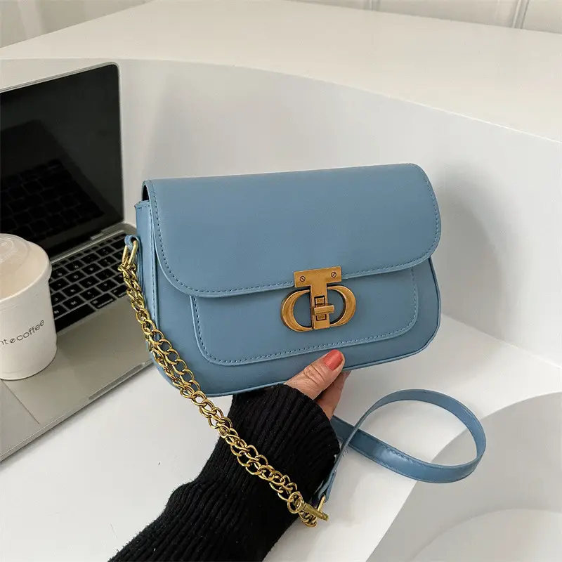 Retro Lock Blue Chain Crossbody Bag - Image 9