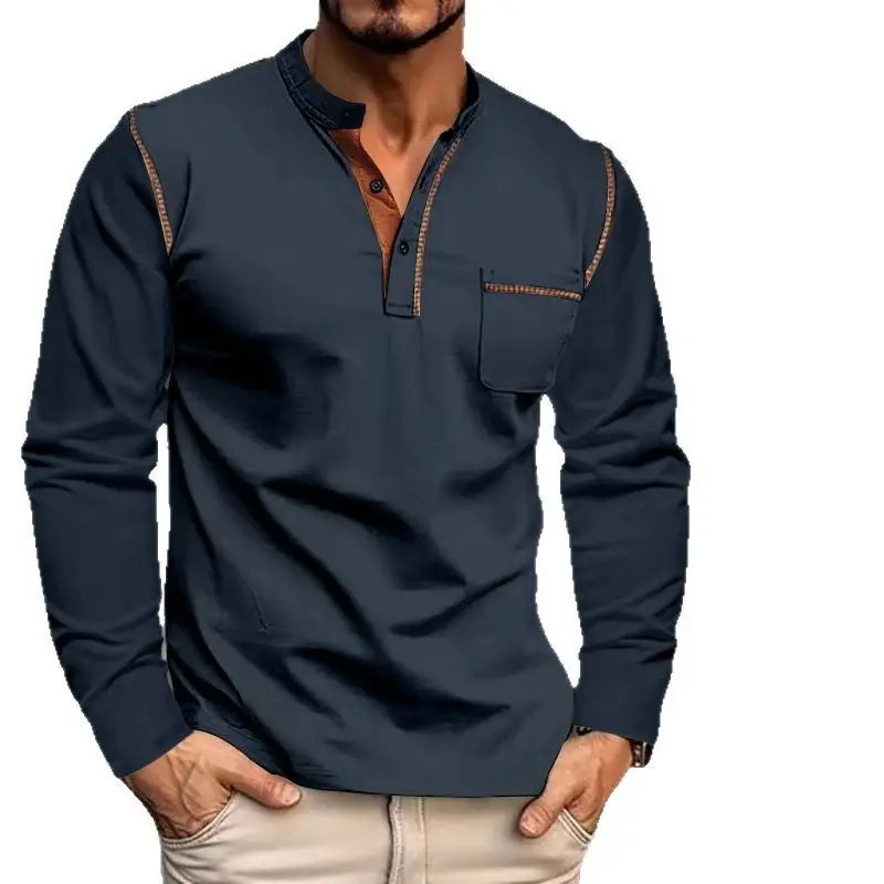 Men Dark Blue Knit Long Sleeve T-Shirt Button Front