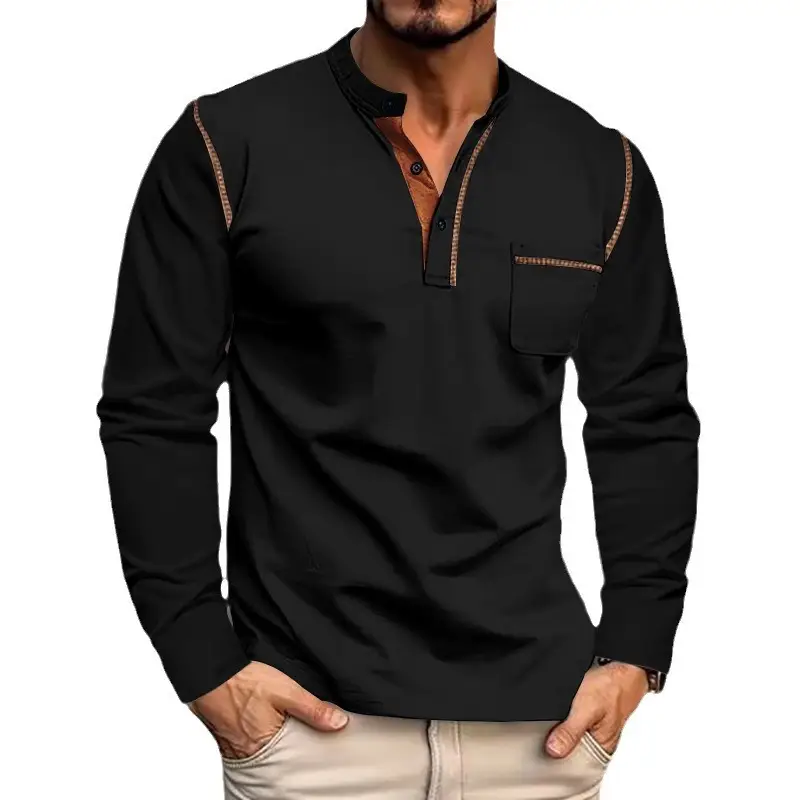 Men Dark Blue Knit Long Sleeve T-Shirt Button Front