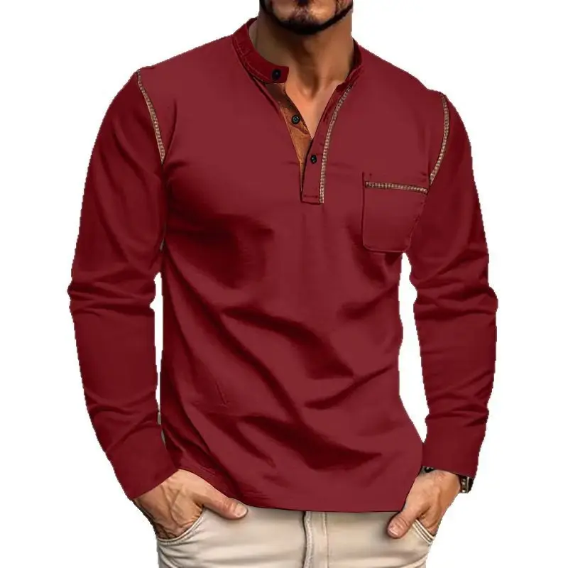 Men Dark Blue Knit Long Sleeve T-Shirt Button Front
