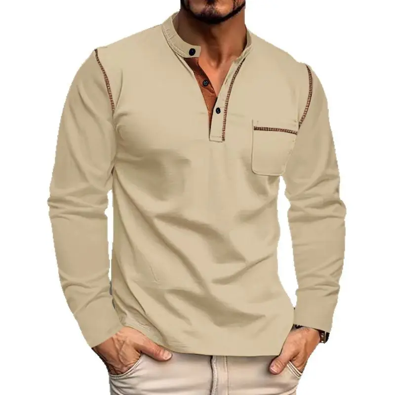Men Dark Blue Knit Long Sleeve T-Shirt Button Front