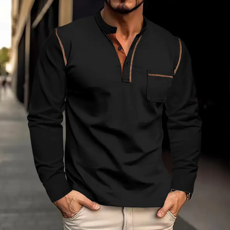 Men Dark Blue Knit Long Sleeve T-Shirt Button Front — feature 17