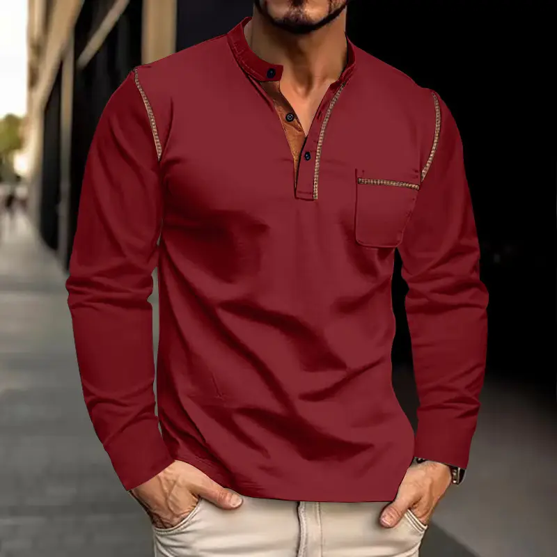 Men Dark Blue Knit Long Sleeve T-Shirt Button Front — feature 24