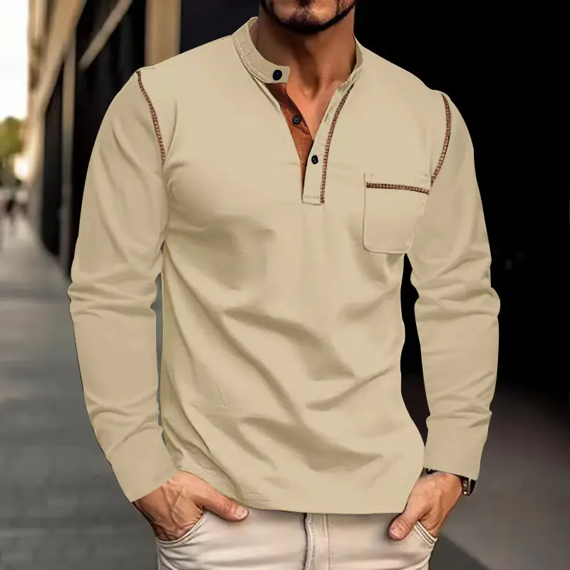 Men Dark Blue Knit Long Sleeve T-Shirt Button Front — feature 38