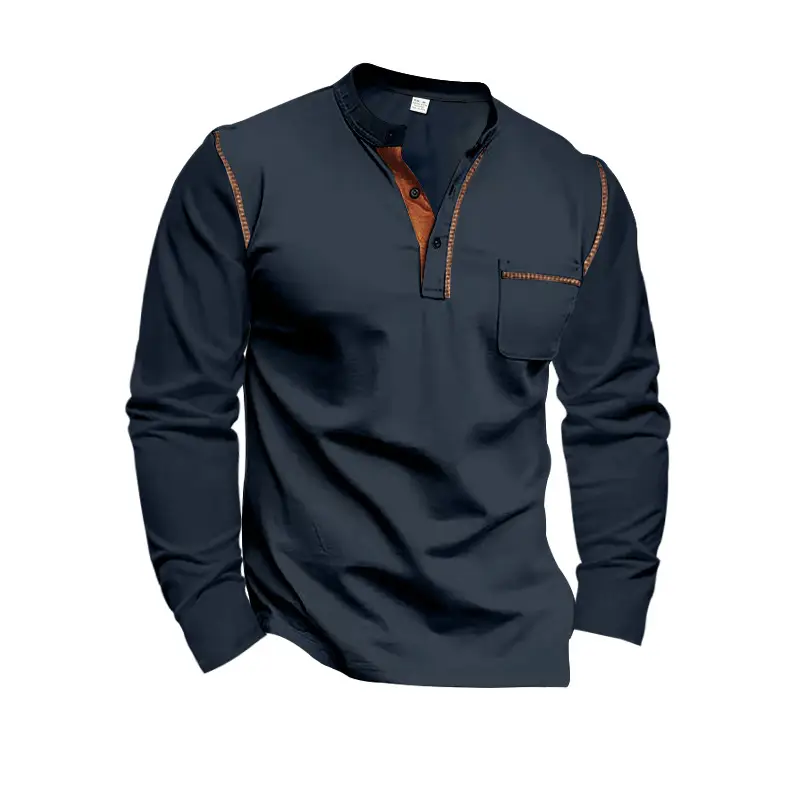 Men Dark Blue Knit Long Sleeve T-Shirt Button Front