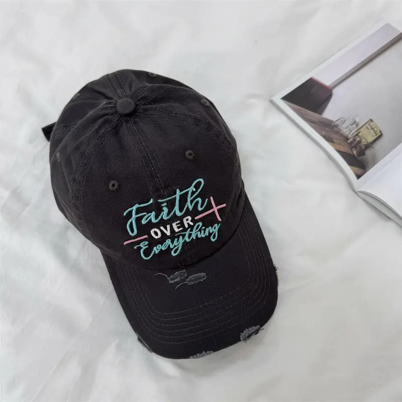 Women Black Embroidered Cap Faith Over Everything