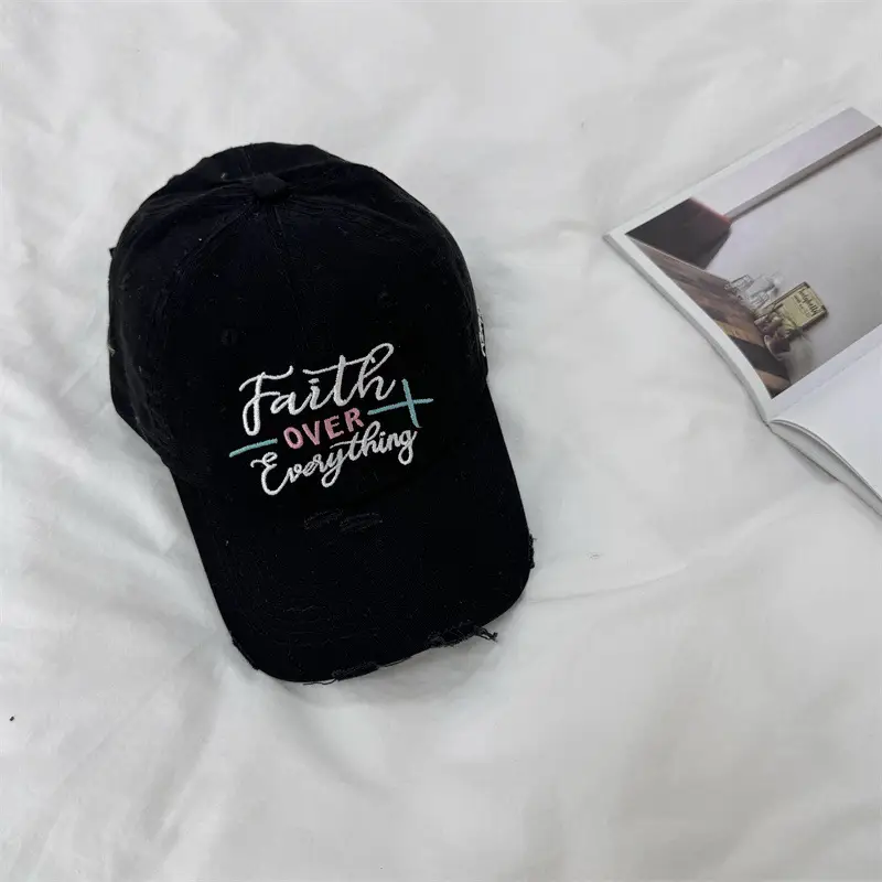 Women Black Embroidered Cap Faith Over Everything