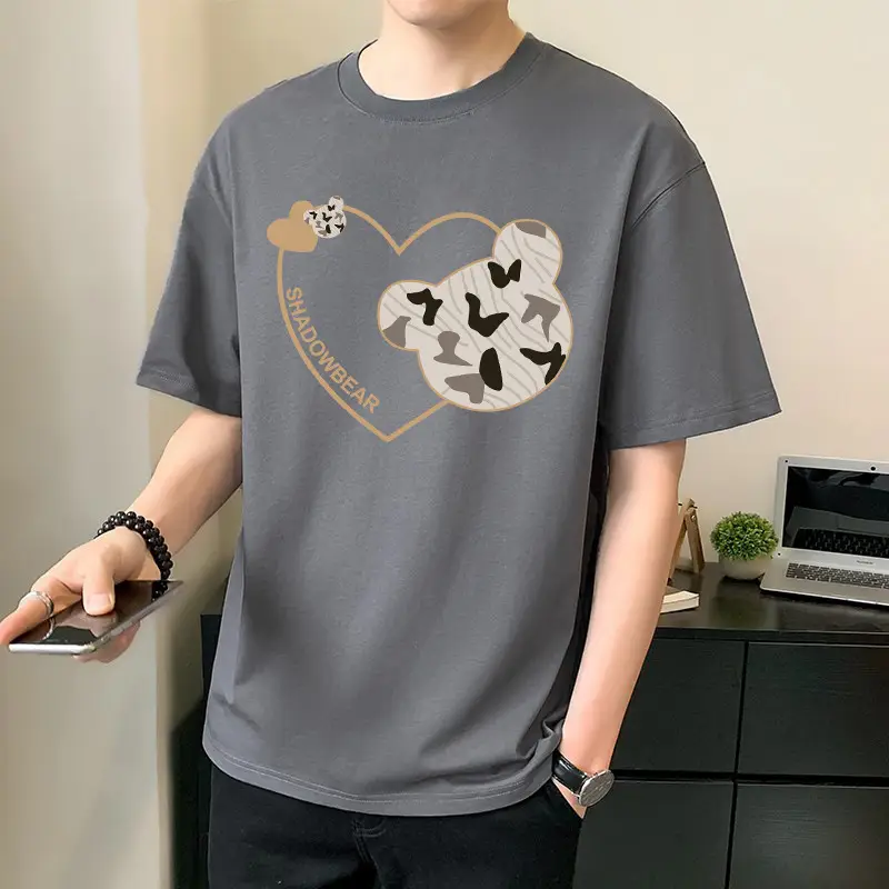 Men Pure Cotton Heart Print T-Shirt Black Loose Fit