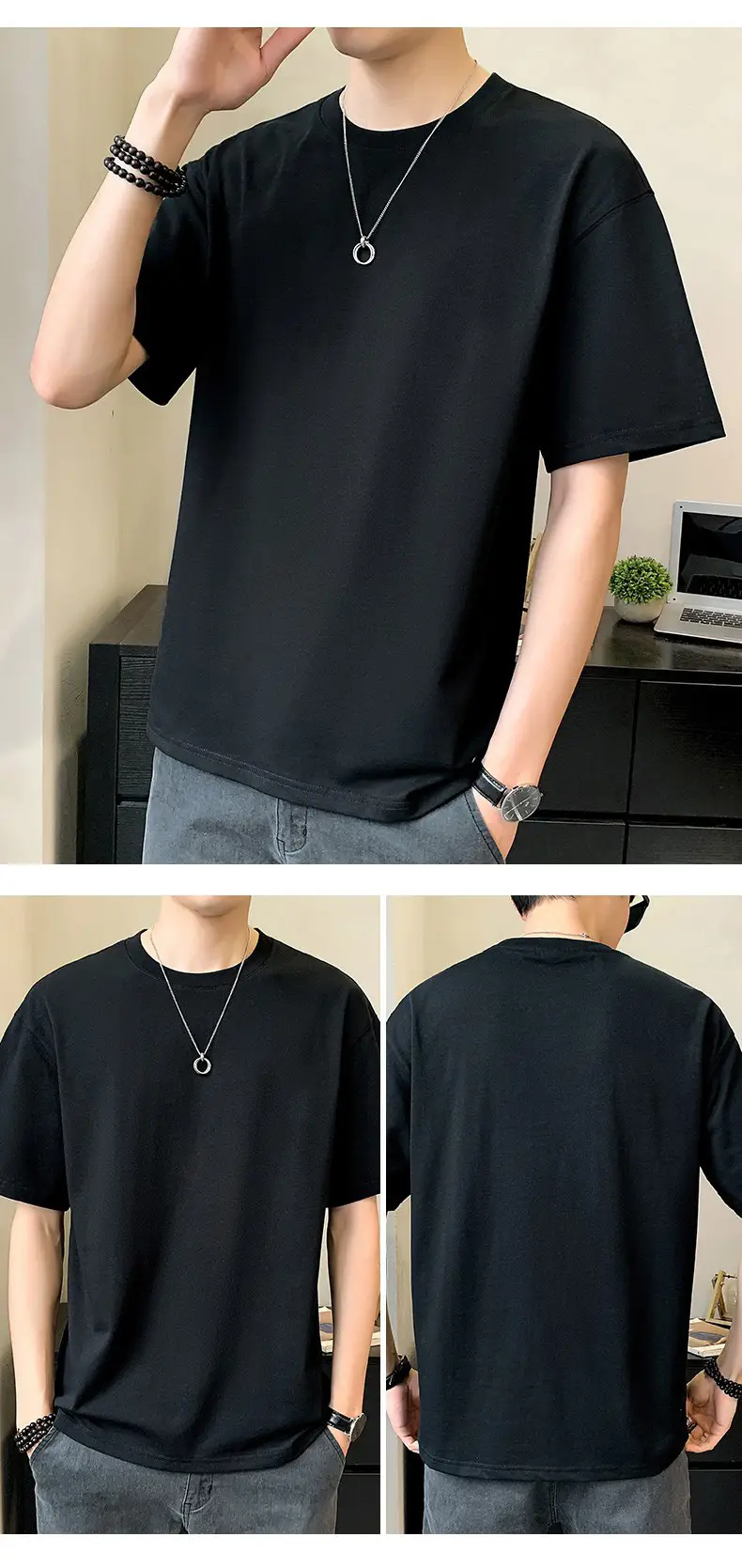 Men Pure Cotton Heart Print T-Shirt Black Loose Fit — feature 11