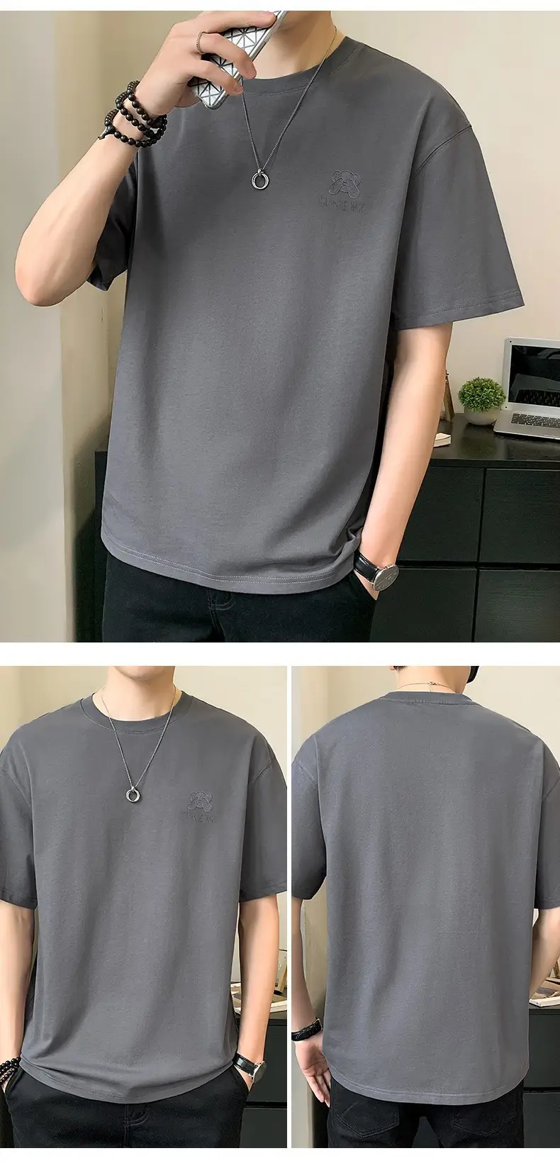 Men Pure Cotton Heart Print T-Shirt Black Loose Fit — feature 12