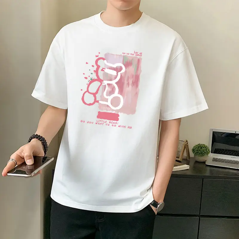 Men Pure Cotton Heart Print T-Shirt Black Loose Fit