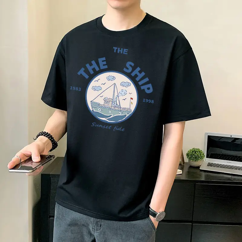 Men Pure Cotton Heart Print T-Shirt Black Loose Fit