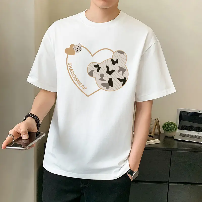 Men Pure Cotton Heart Print T-Shirt Black Loose Fit