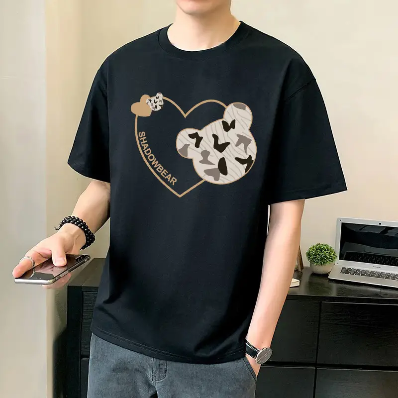 Men Pure Cotton Heart Print T-Shirt Black Loose Fit