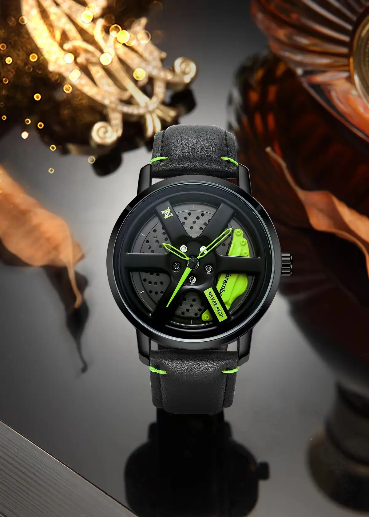Men's Black Yellow Rotating Wheel Quartz Watch — feature 3