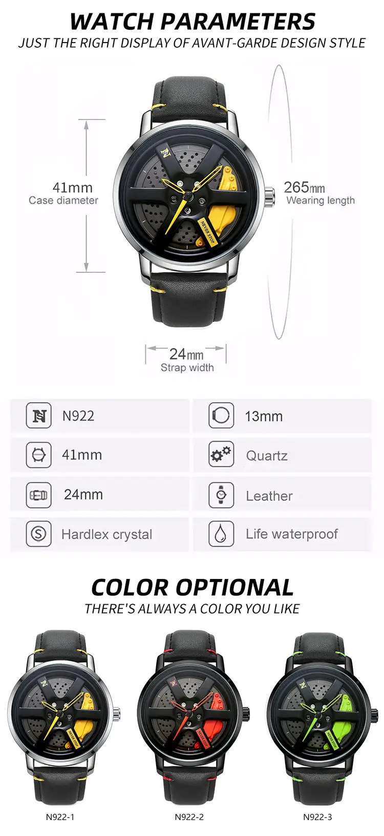 Men's Black Yellow Rotating Wheel Quartz Watch — feature 4