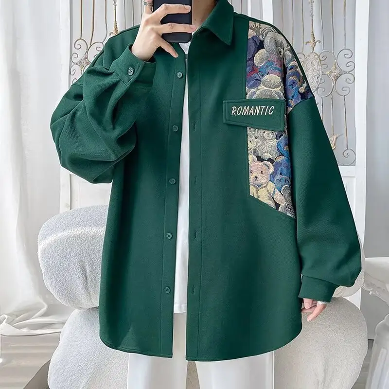 Men's Cream Bear Embroidered Jacket Large Spring Autumn National Style