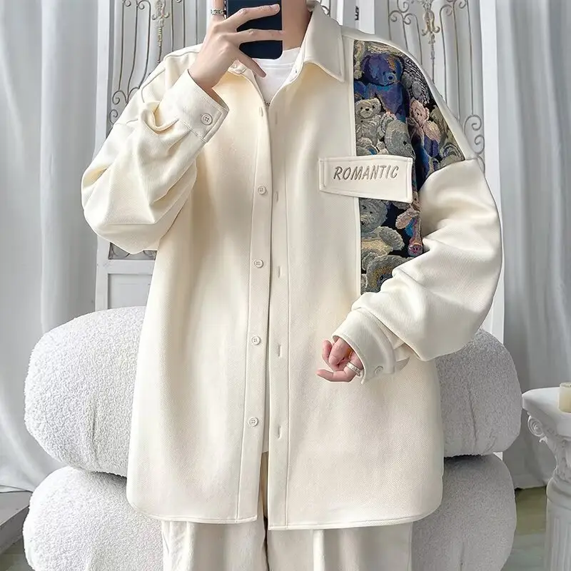 Men's Cream Bear Embroidered Jacket Large Spring Autumn National Style