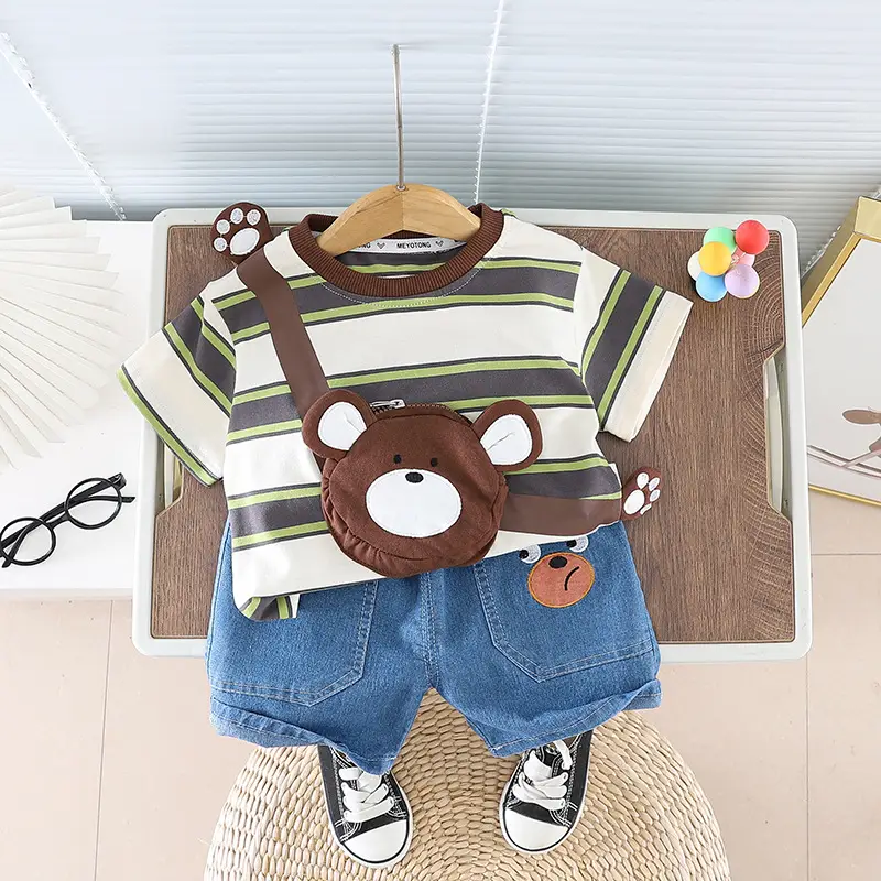 2024 Boys Bear Print Striped T-Shirt Shorts Set - Image 3