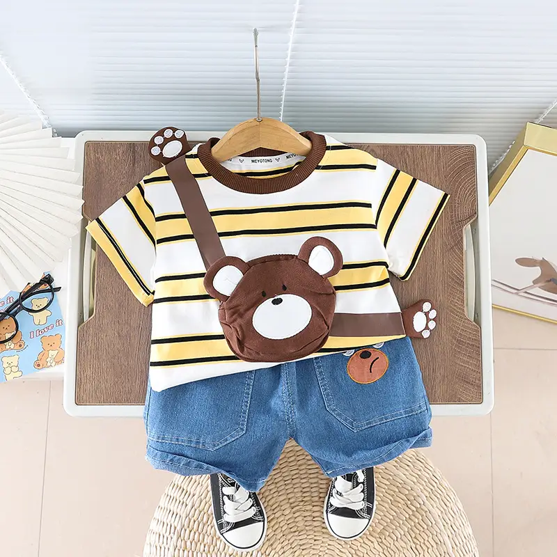 2024 Boys Bear Print Striped T-Shirt Shorts Set - Image 2