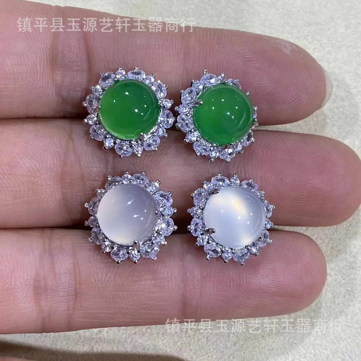 Retro Green Chalcedony Flower Ear Stud Earrings - Image 7