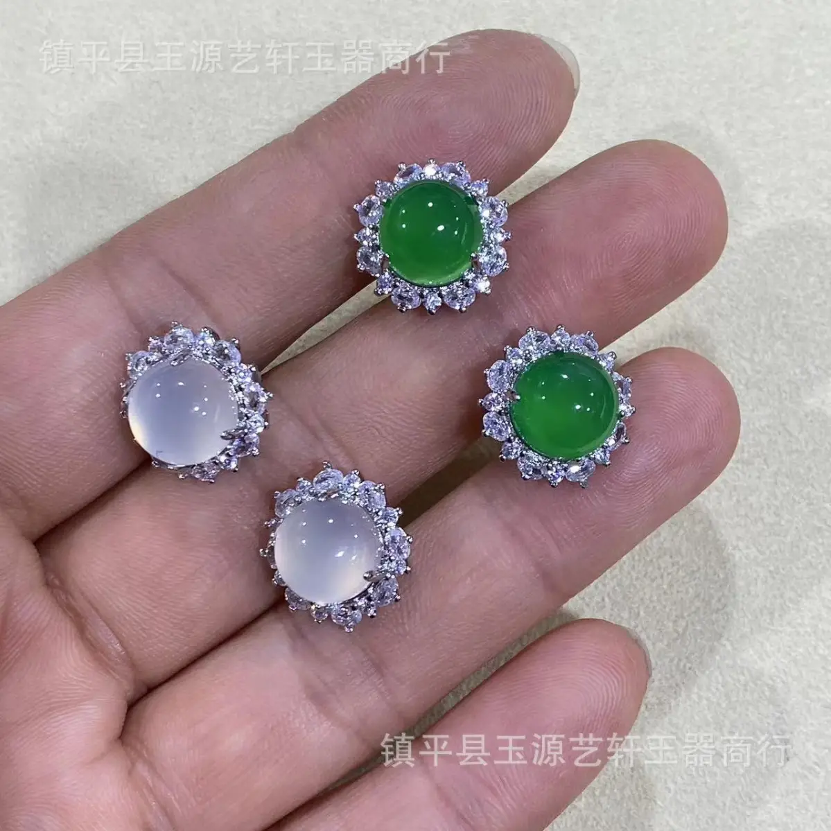Retro Green Chalcedony Flower Ear Stud Earrings - Image 8
