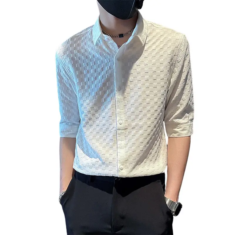 Men's White Ice Silk Slim Fit Shirt with Printed Design - Image 23