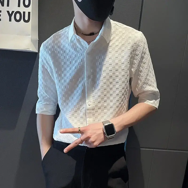 Men's White Ice Silk Slim Fit Shirt with Printed Design - Image 5