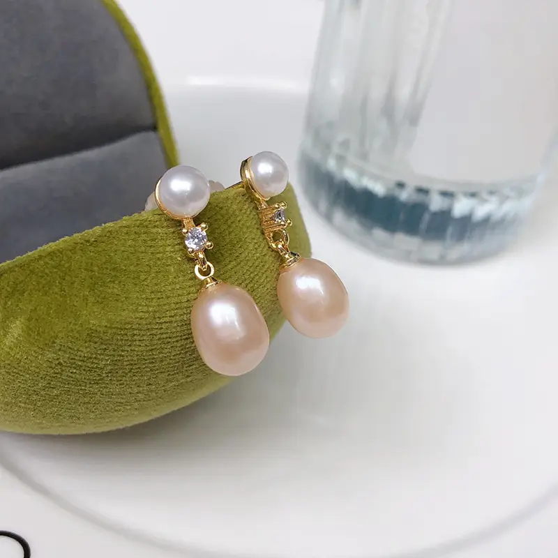 Double Pearl Earrings for Women Green Freshwater Design - Image 2