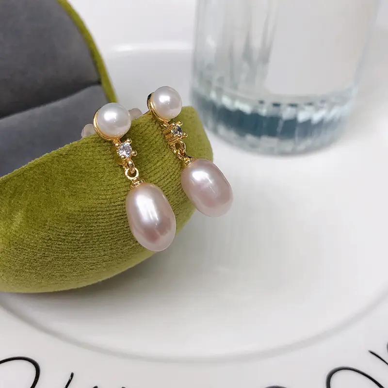 Double Pearl Earrings for Women Green Freshwater Design - Image 3
