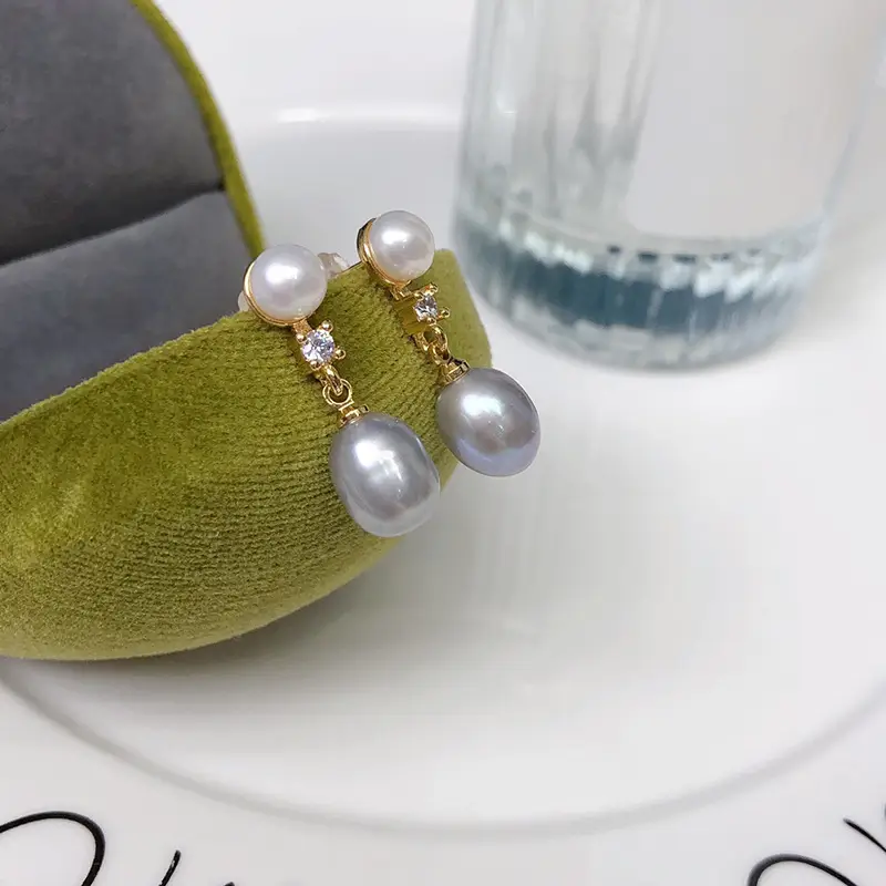 Double Pearl Earrings for Women Green Freshwater Design - Image 4