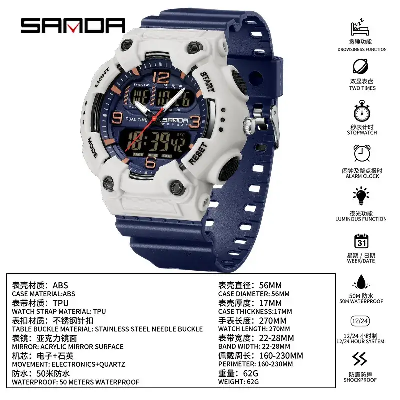 Sanda Black Multifunctional Digital Watch with Transparent Strap - Image 20