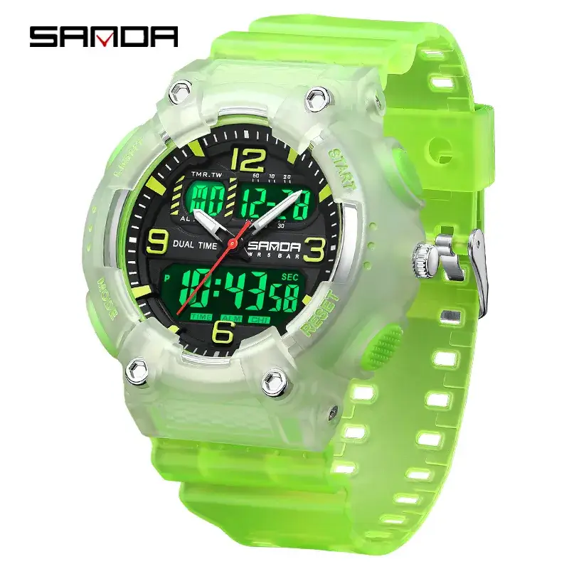 Sanda Black Multifunctional Digital Watch with Transparent Strap - Image 2