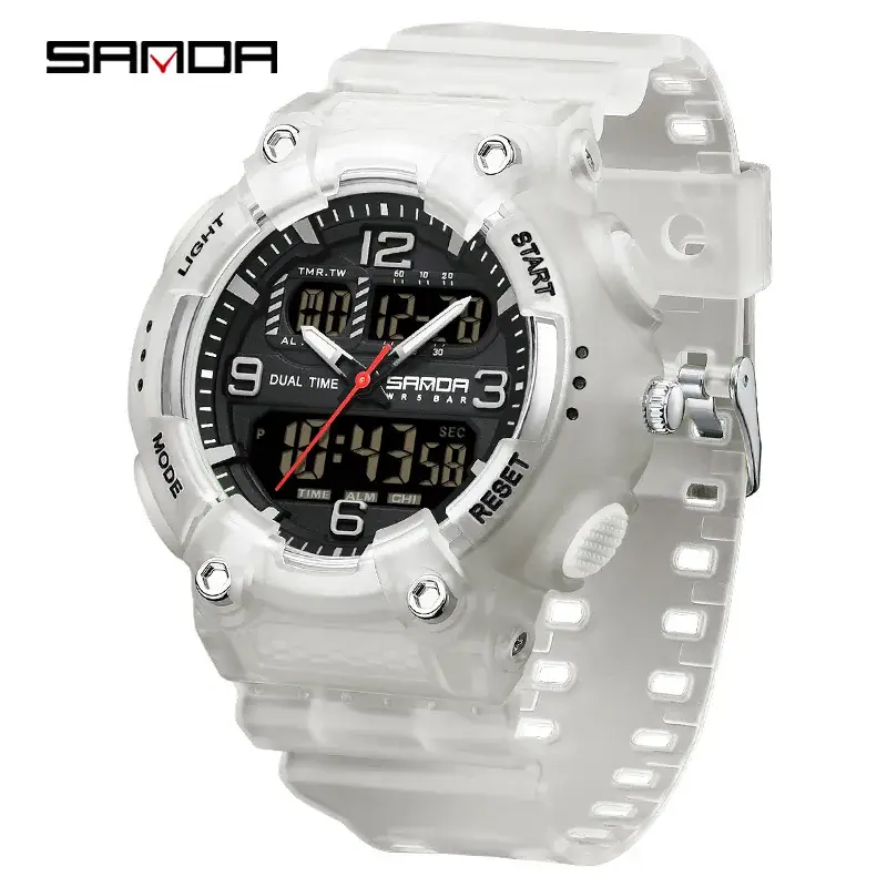 Sanda Black Multifunctional Digital Watch with Transparent Strap - Image 3