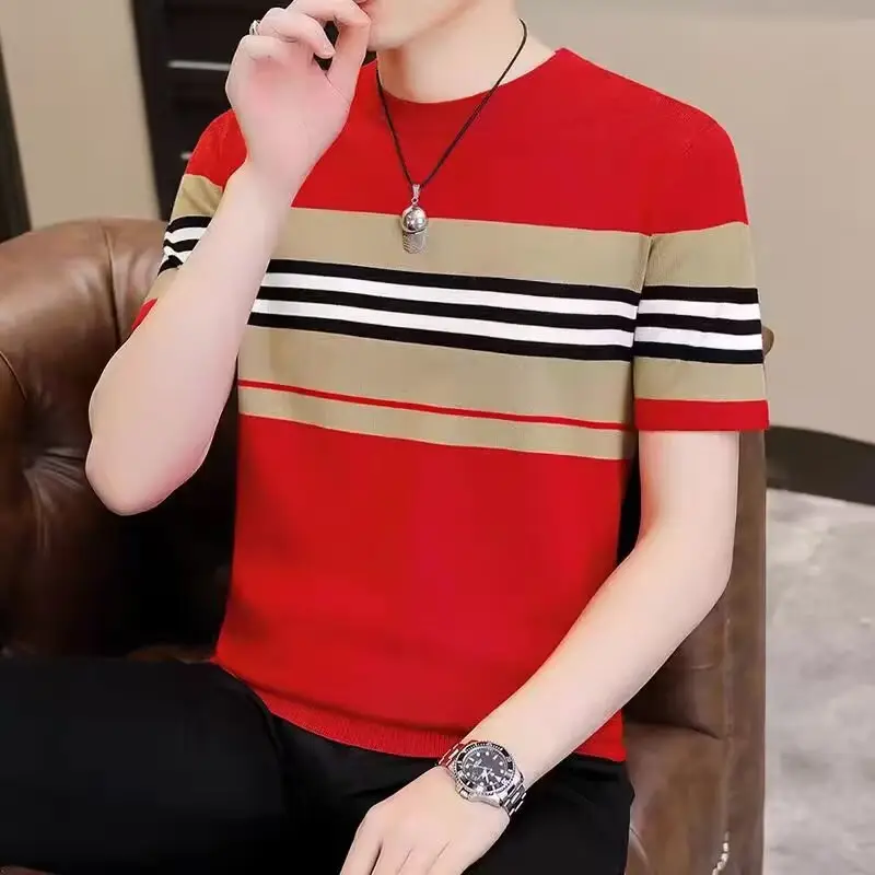 Men Slim Striped T-Shirt Black Beige Red Black Stripes - Image 6