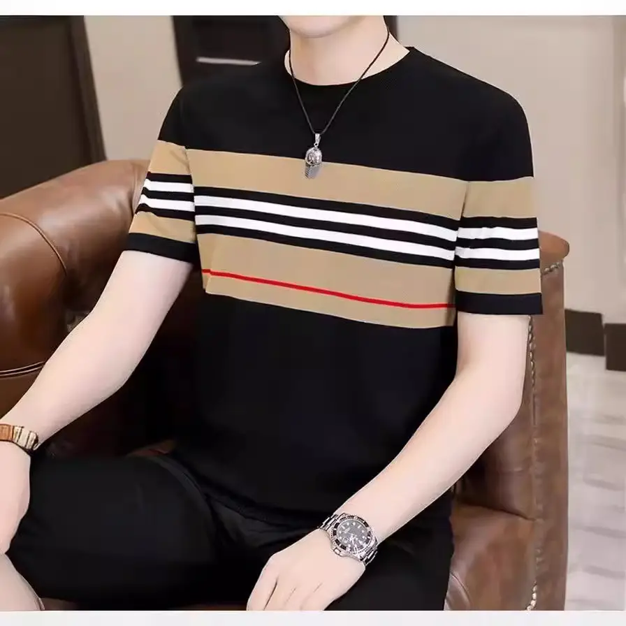 Men Slim Striped T-Shirt Black Beige Red Black Stripes - Image 7