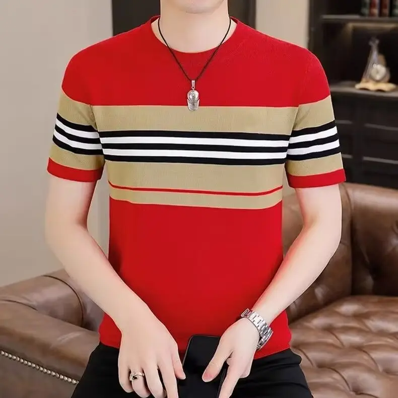 Men Slim Striped T-Shirt Black Beige Red Black Stripes - Image 8