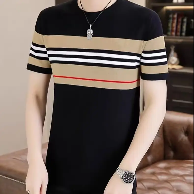 Men Slim Striped T-Shirt Black Beige Red Black Stripes — feature 10