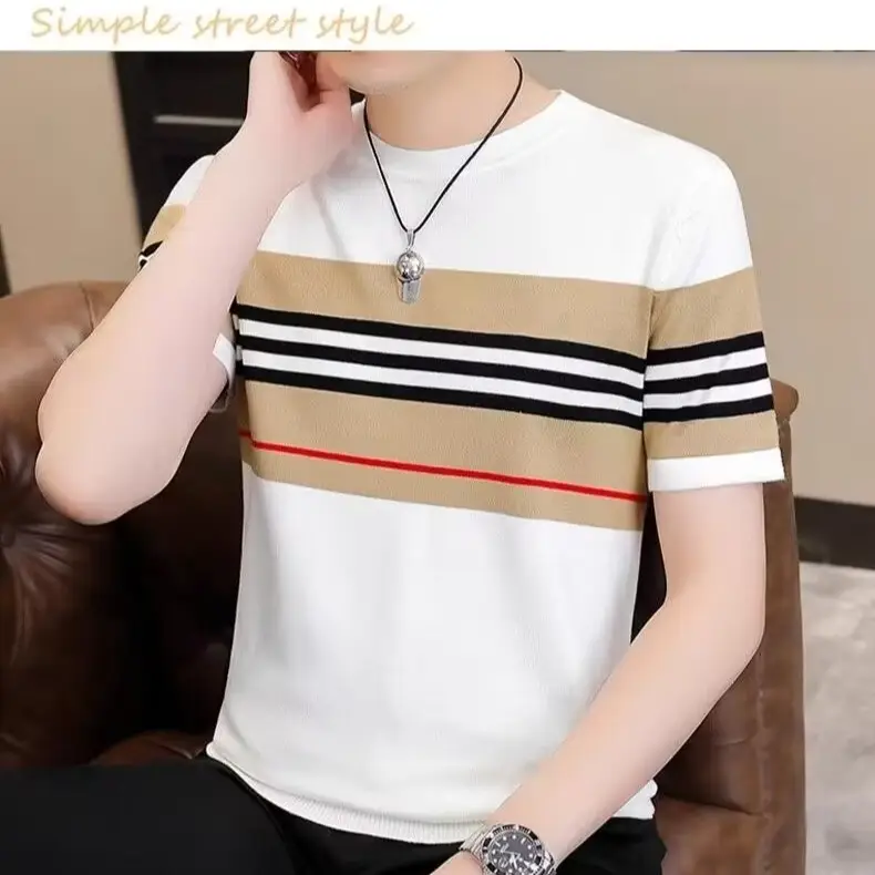 Men Slim Striped T-Shirt Black Beige Red Black Stripes — feature 11