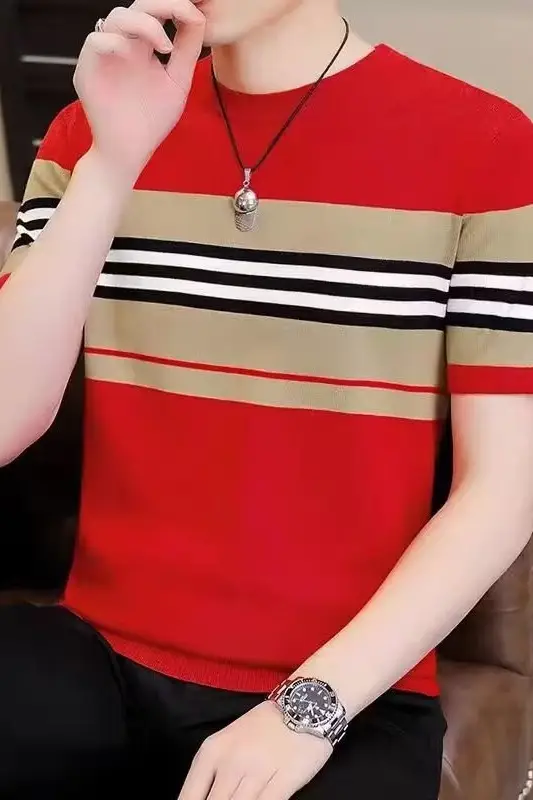 Men Slim Striped T-Shirt Black Beige Red Black Stripes — feature 12