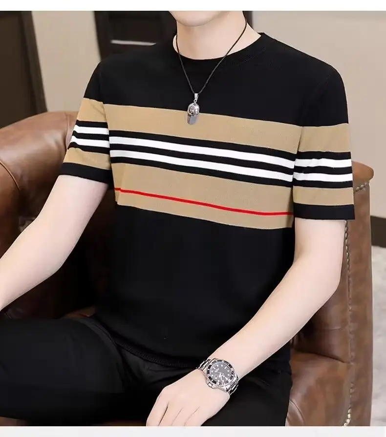 Men Slim Striped T-Shirt Black Beige Red Black Stripes — feature 7