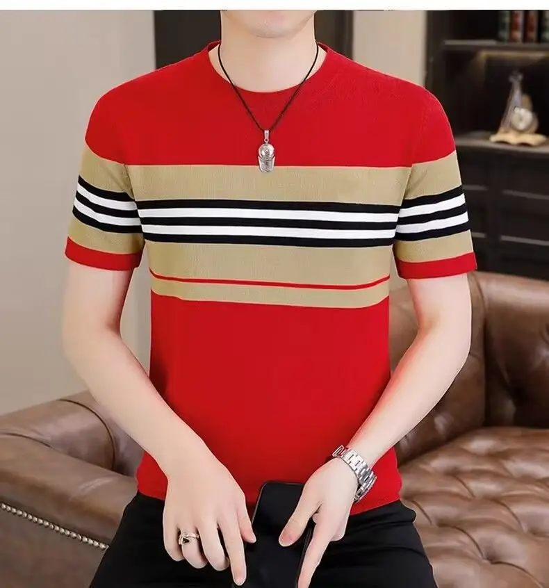 Men Slim Striped T-Shirt Black Beige Red Black Stripes — feature 8