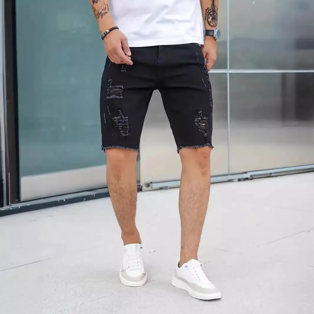 Men Denim Shorts with Holes, Slim Fit, Blue, Casual Summer - Image 6
