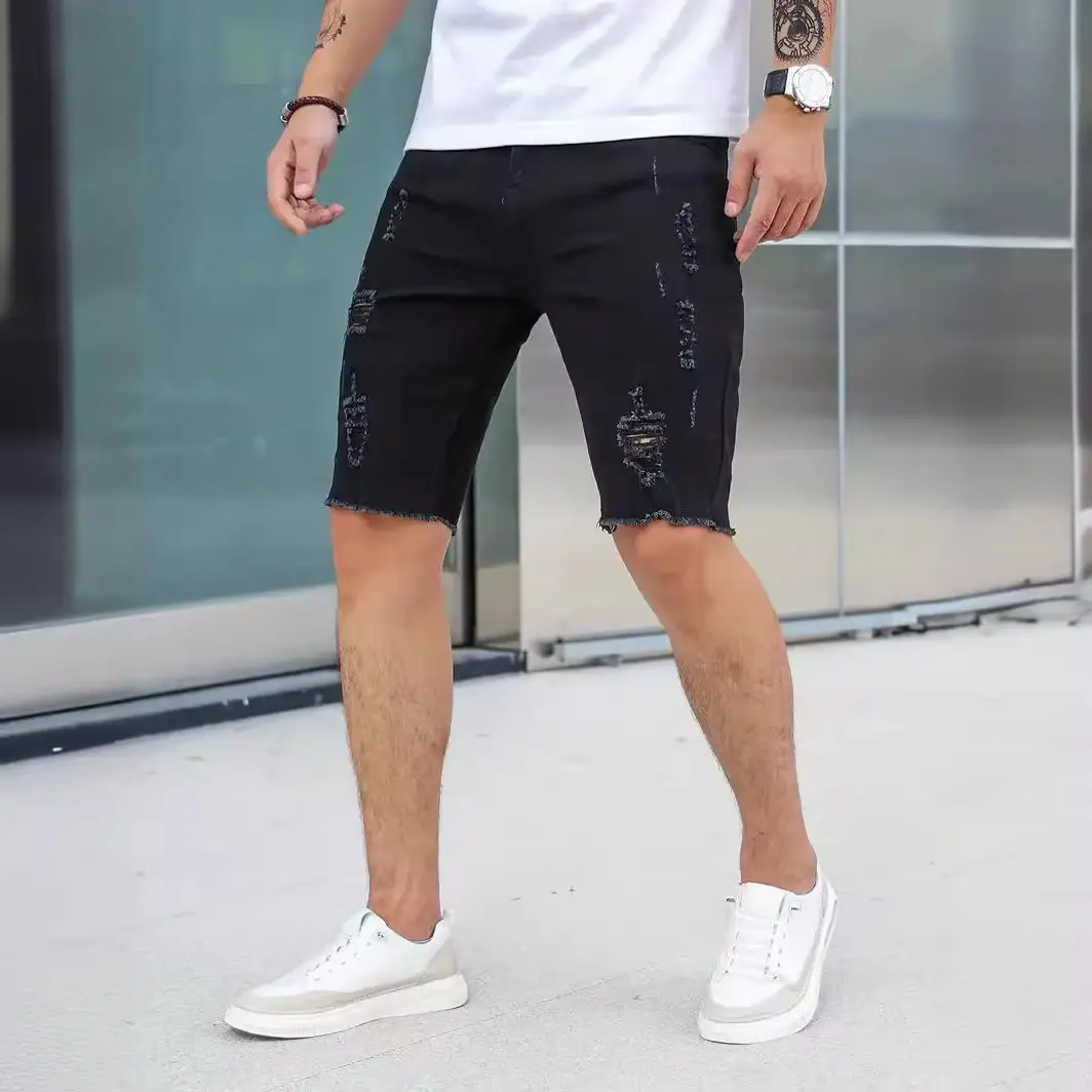 Men Denim Shorts with Holes, Slim Fit, Blue, Casual Summer - Image 7