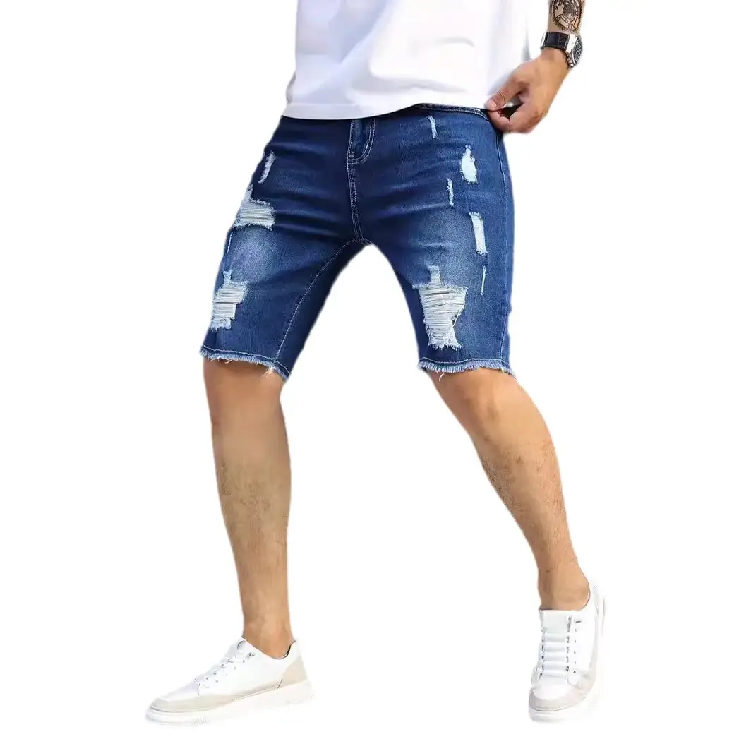 Men Denim Shorts with Holes, Slim Fit, Blue, Casual Summer - Image 8