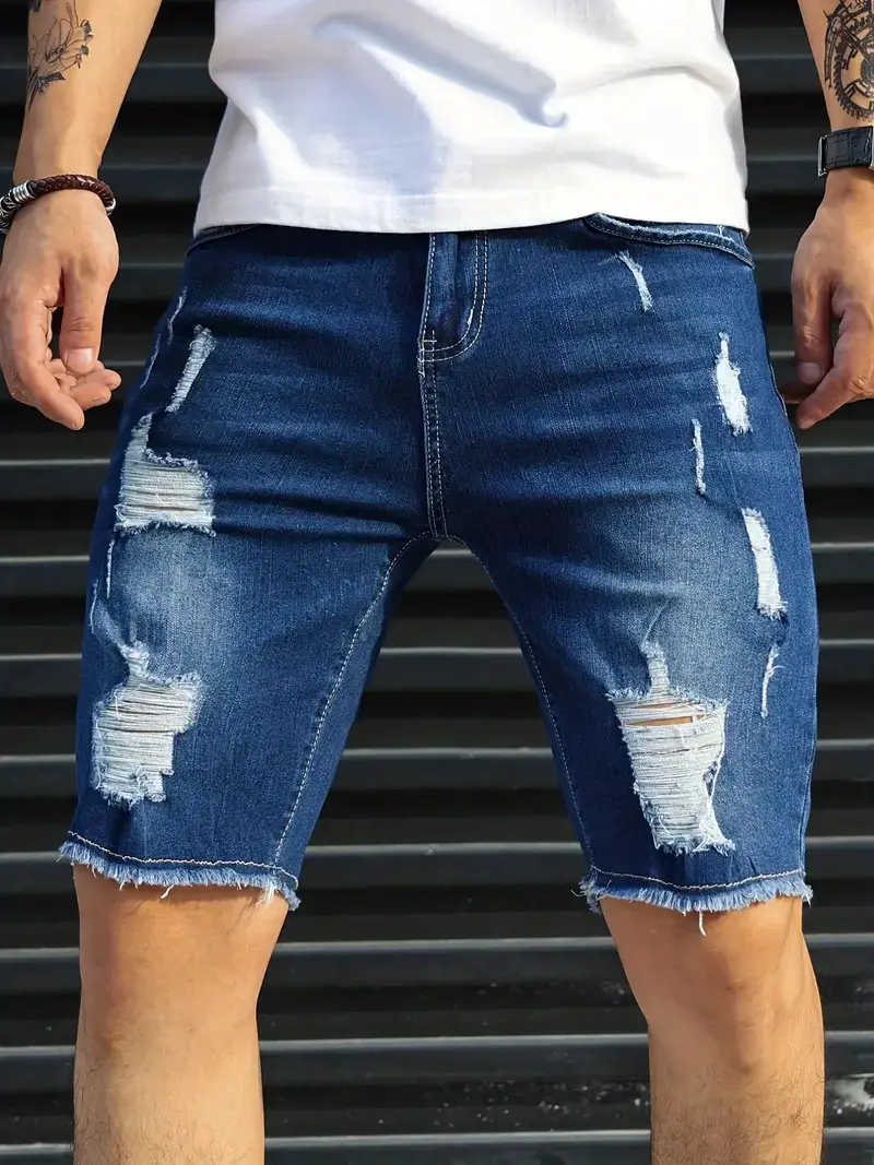 Men Denim Shorts with Holes, Slim Fit, Blue, Casual Summer — feature 10