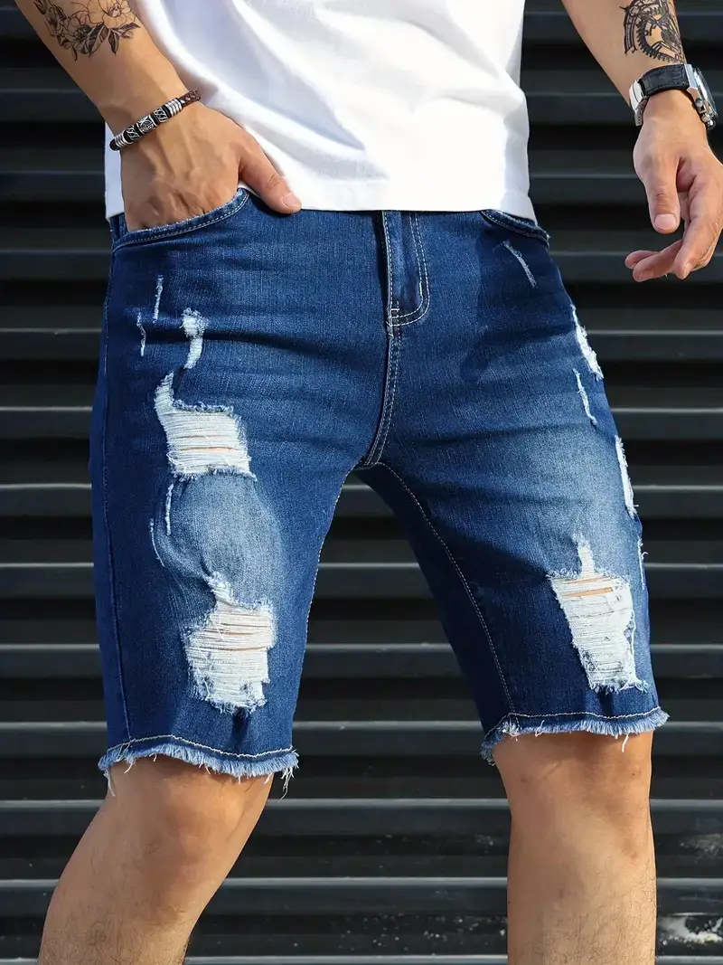 Men Denim Shorts with Holes, Slim Fit, Blue, Casual Summer — feature 11