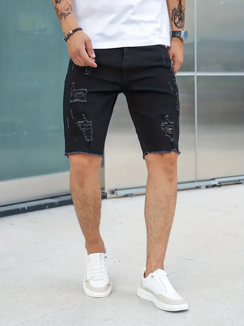 Men Denim Shorts with Holes, Slim Fit, Blue, Casual Summer — feature 7